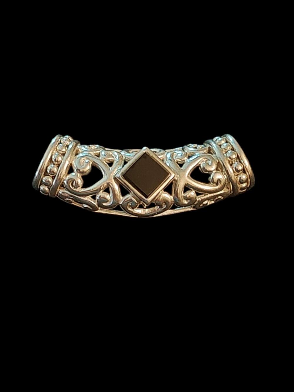 Vintage 925 Sterling Silver Black Onyx Filigree Scroll Openwork Bar Pendant